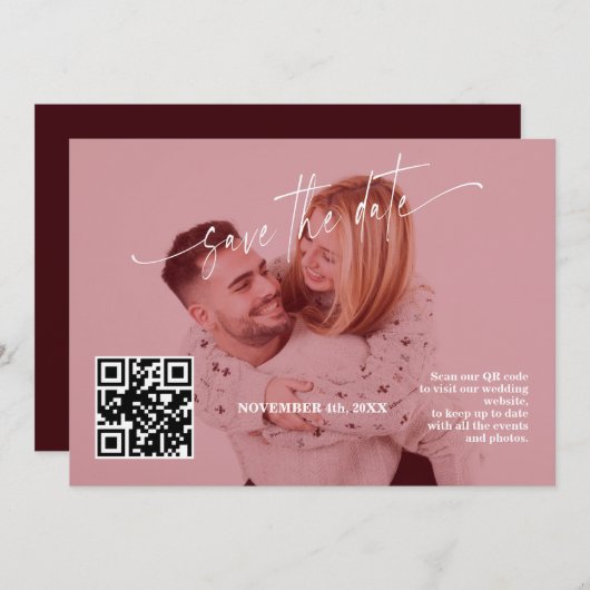 Deep Burgundy Calligraphy QR Code Photo Wedding   セーブザデート (正面/裏面)