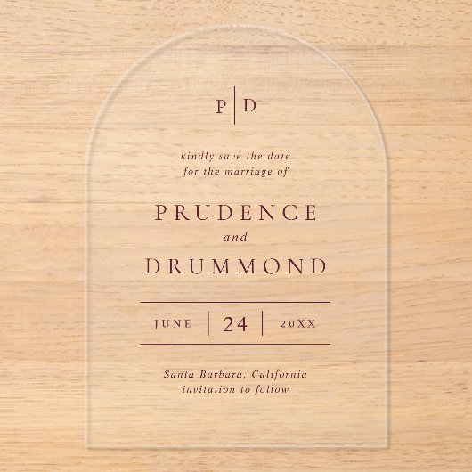 Deep Burgundy Classic Wedding Save the Date アクリル招待状 (正面)