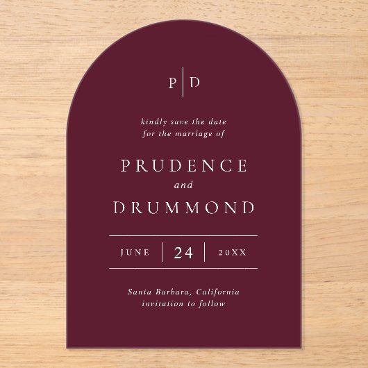 Deep Burgundy Classic Wedding Save the Date アクリル招待状 (正面)