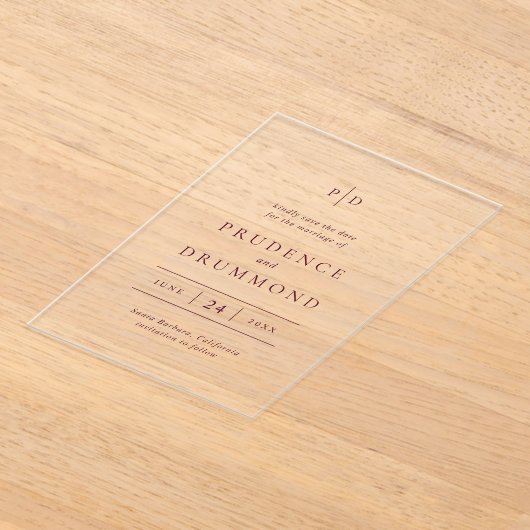 Deep Burgundy Classic Wedding Save the Date アクリル招待状 (レイダウン)