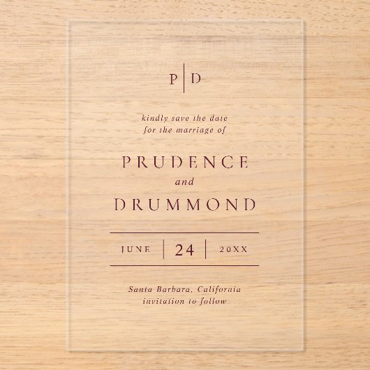Deep Burgundy Classic Wedding Save the Date アクリル招待状 (正面)