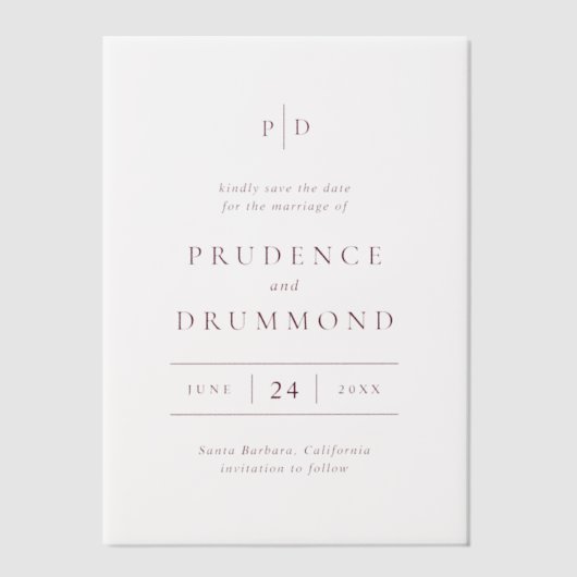 Deep Burgundy Classic Wedding Save the Date ベラム紙招待状 (正面)