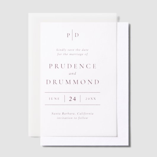 Deep Burgundy Classic Wedding Save the Date ベラム紙招待状 (オフセット)