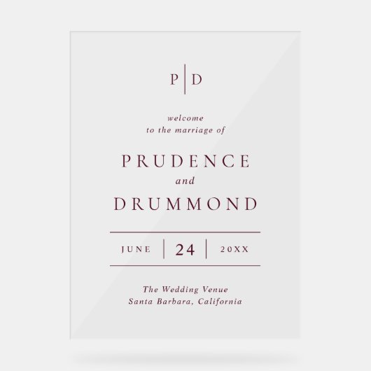 Deep Burgundy Elegant Classic Wedding アクリルサイン (正面)