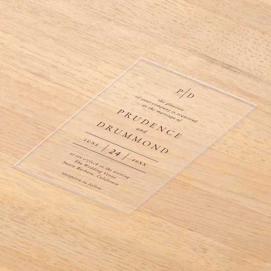 Deep Burgundy Elegant Classic Wedding アクリル招待状 (レイダウン)