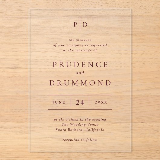 Deep Burgundy Elegant Classic Wedding アクリル招待状 (正面)