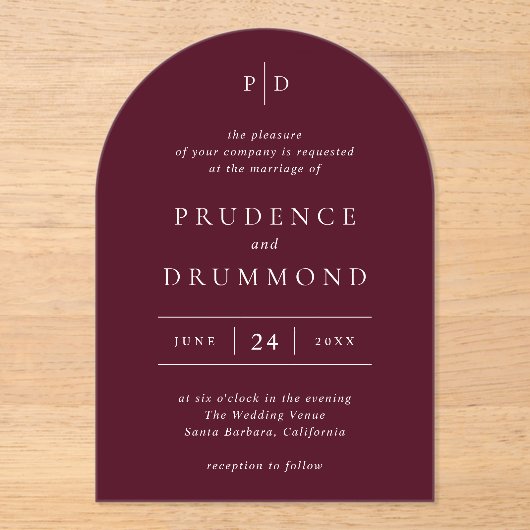 Deep Burgundy Elegant Classic Wedding アクリル招待状 (正面)