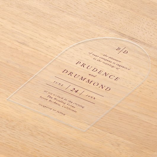 Deep Burgundy Elegant Classic Wedding アクリル招待状 (レイダウン)