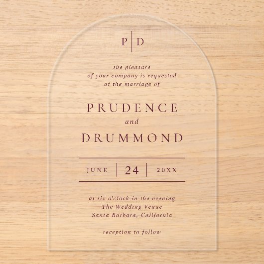 Deep Burgundy Elegant Classic Wedding アクリル招待状 (正面)