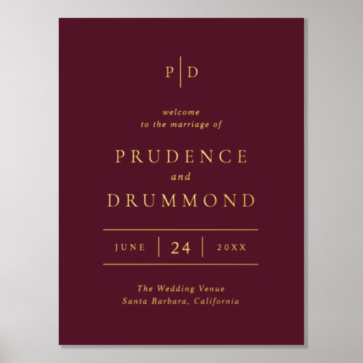 Deep Burgundy Elegant Classic Wedding Foil Sign 箔ポスター (正面)