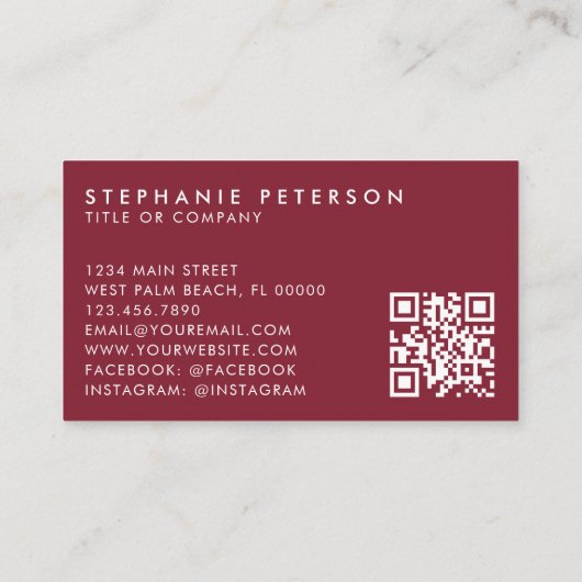 Deep Burgundy Elegant Custom Company Logo QR Code 名刺 (裏面)