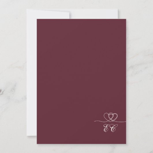 Deep Burgundy Elegant Hearts Calligraphy Wedding 招待状 (裏面)