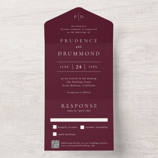 Deep Burgundy Elegant QR Code Classic Wedding オールインワン招待状 (内側)