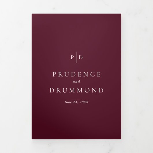 Deep Burgundy Elegant QR Code Classic Wedding 三つ折り招待状 (カバー)