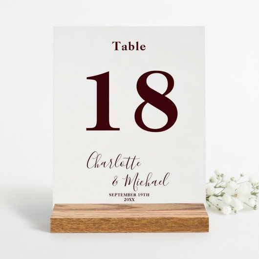 Deep Burgundy Elegant Wedding Table Number アクリルサイン