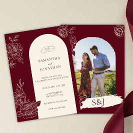 Deep Burgundy Floral Arch Photo Back Wedding 招待状