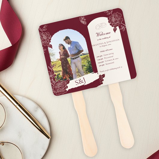 Deep Burgundy Floral Arch Wedding Ceremony Fan ハンドファン