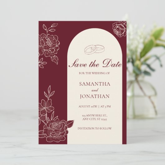 Deep Burgundy Floral Arch Wedding Save the Date 招待状 (スタンド正面)