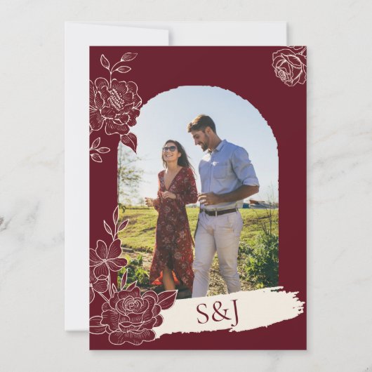 Deep Burgundy Floral Arch Wedding Save the Date 招待状 (裏面)