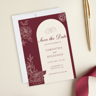 Deep Burgundy Floral Arch Wedding Save the Date 招待状