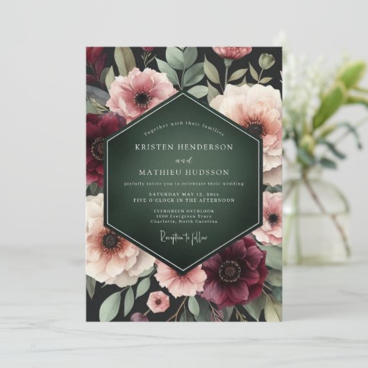 Deep Burgundy Floral Enchantment Wedding 招待状 (スタンド正面)