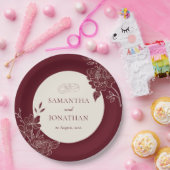 Deep Burgundy Floral Ivory Circle Wedding ペーパープレート (パーティー)