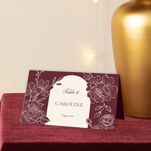 Deep Burgundy Floral Meal Choice Wedding Table プレイスカード