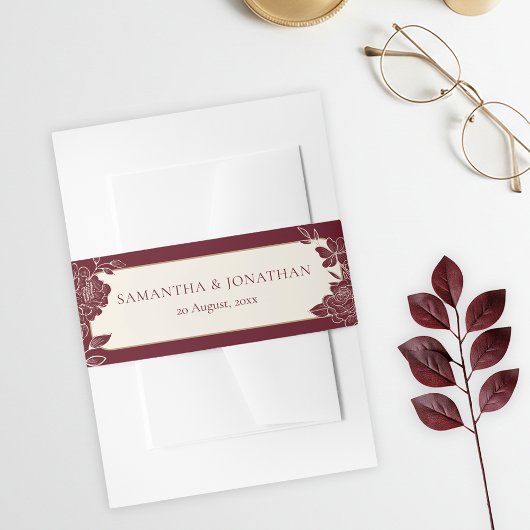 Deep Burgundy Floral Wedding Invitation Belly Band 招待状ベリーバンド