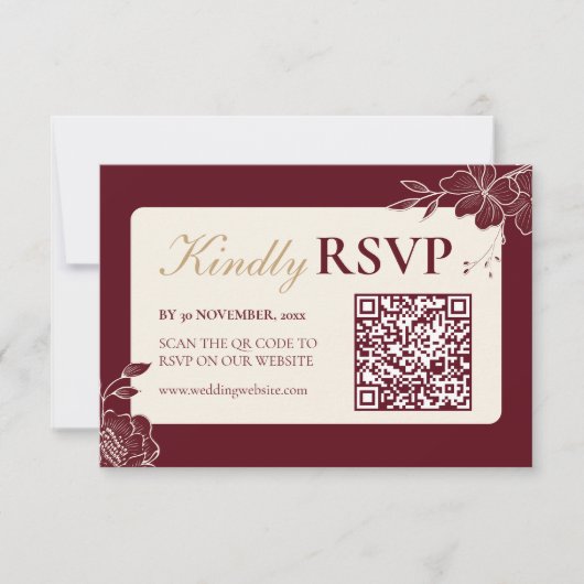 Deep Burgundy Floral Wedding RSVP with QR Code (正面)