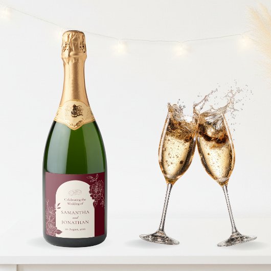 Deep Burgundy Floral with Ivory Arch Wedding スパークリングワインラベル