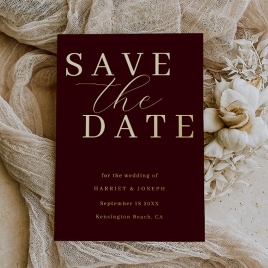 Deep Burgundy & Gold Foil Wedding Save The Date 箔招待状