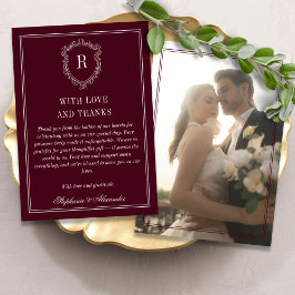 Deep Burgundy Ivory Crest Old Money Photo Wedding サンキューカード