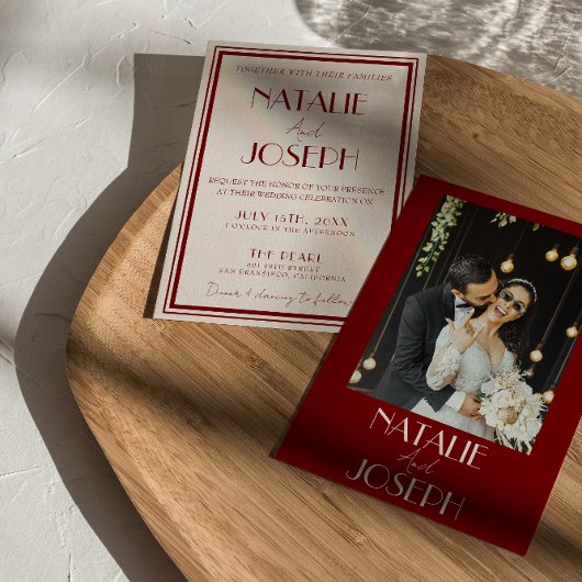 Deep Burgundy Ivory Old Money Retro Photo Wedding 招待状