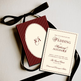 Deep Burgundy Ivory Stripe Oval Old Money Wedding  招待状