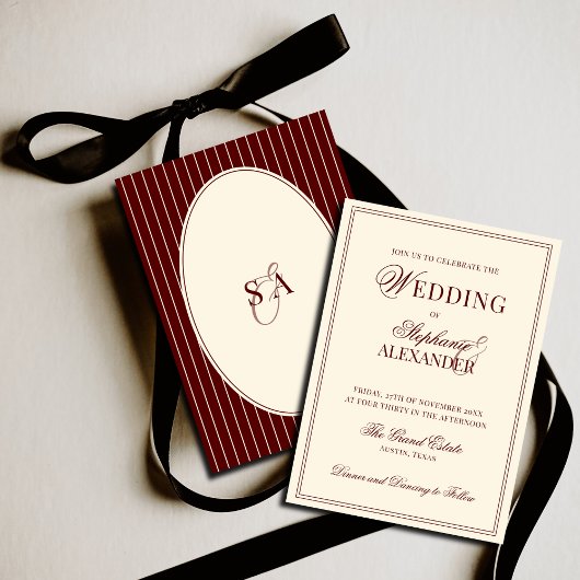Deep Burgundy Ivory Stripe Oval Old Money Wedding  招待状