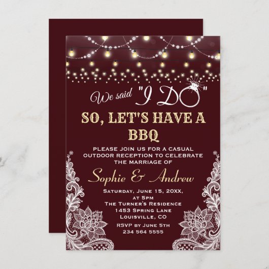 Deep Burgundy Lace String Lights After I DO BBQ 招待状 (正面/裏面)