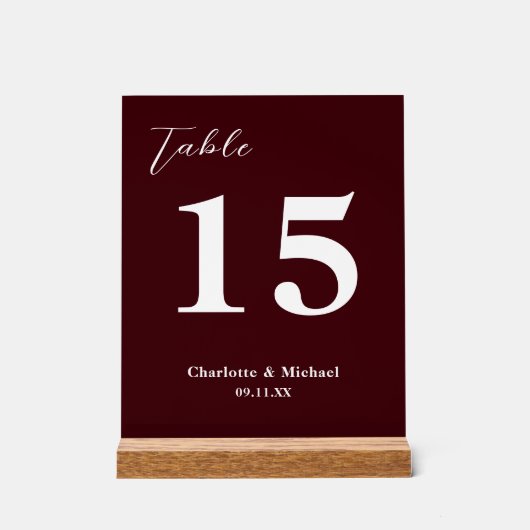 Deep Burgundy Minimalist Wedding Table Number アクリルサイン (正面)