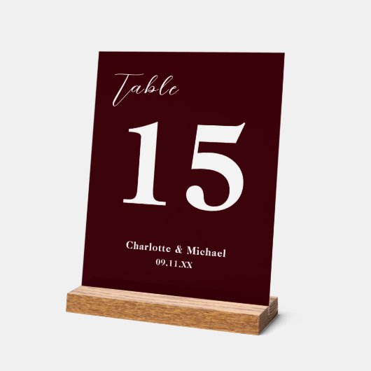 Deep Burgundy Minimalist Wedding Table Number アクリルサイン (傾斜)