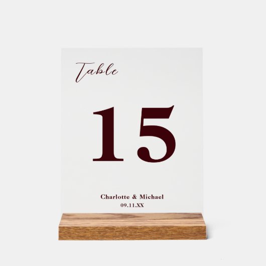 Deep Burgundy Minimalist Wedding Table Number アクリルサイン (正面)