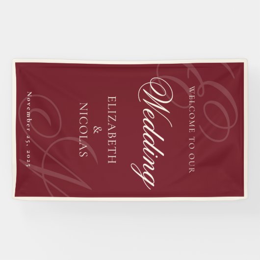 Deep Burgundy Monogram Calligraphy Wedding Welcome 横断幕 (横)