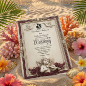 Deep Burgundy Rose & Cherub Vintage Wedding 招待状