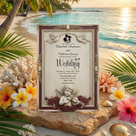 Deep Burgundy Rose & Cherub Vintage Wedding 招待状