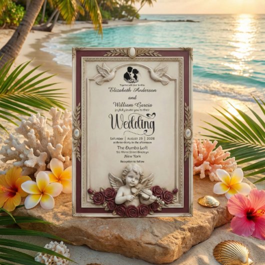 Deep Burgundy Rose & Cherub Vintage Wedding 招待状