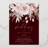 Deep Burgundy & Rose Gold Blush Floral Wedding 箔招待状 (正面)