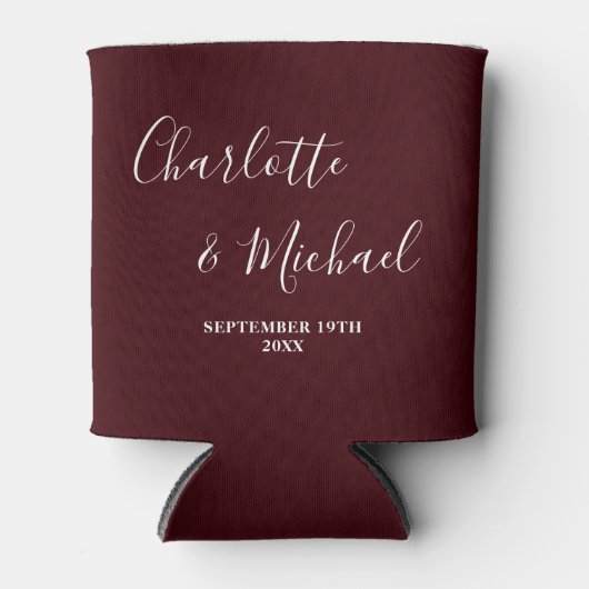 Deep Burgundy Script Minimalist Wedding 缶クーラー (正面)