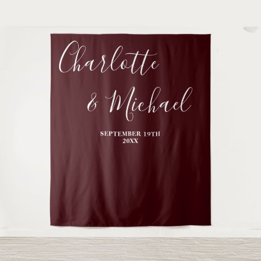 Deep Burgundy Script Minimalist Wedding Backdrop タペストリー (正面)