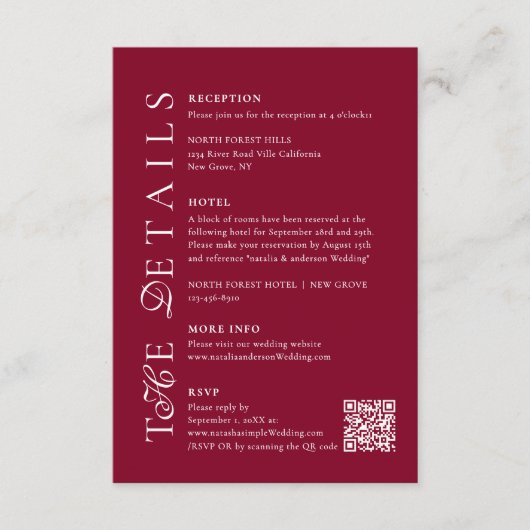 Deep Burgundy Script Qr Code Wedding Details エンクロージャーカード (正面)