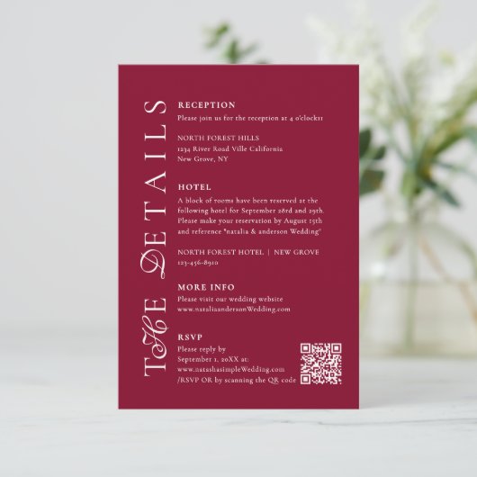 Deep Burgundy Script Qr Code Wedding Details エンクロージャーカード (スタンド正面)