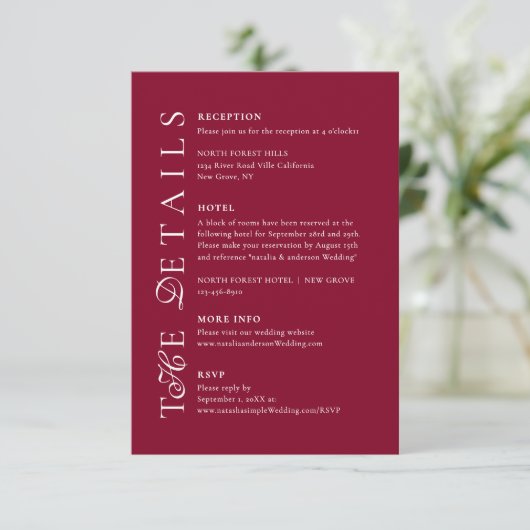 Deep Burgundy Script Wedding Details エンクロージャーカード (スタンド正面)
