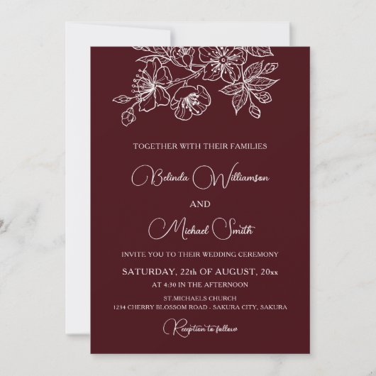 Deep Burgundy White Floral Line Art | ウェディング 招待状 (正面)